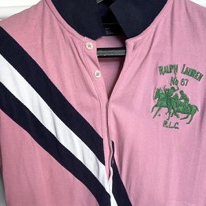 Vintage… Women … Medium Pink with Green patch, white and blue stripe Rugby shirt